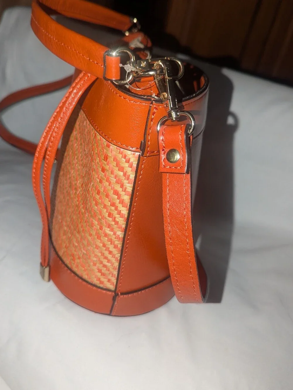 Divina Firenze Orange Woven Bucket Crossbody Bag.Made In Italy